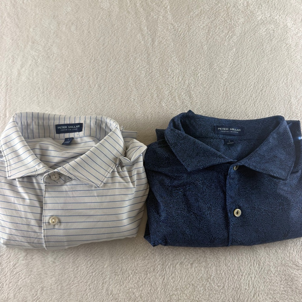Peter Millar Crown Crafted Polo Shirts Lot of 2 Blue White Mens Large Golf